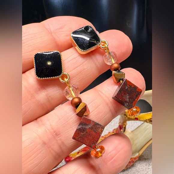 Elegant Black and Brown Dangle earrings/Red  jasper - Picture 3 of 8